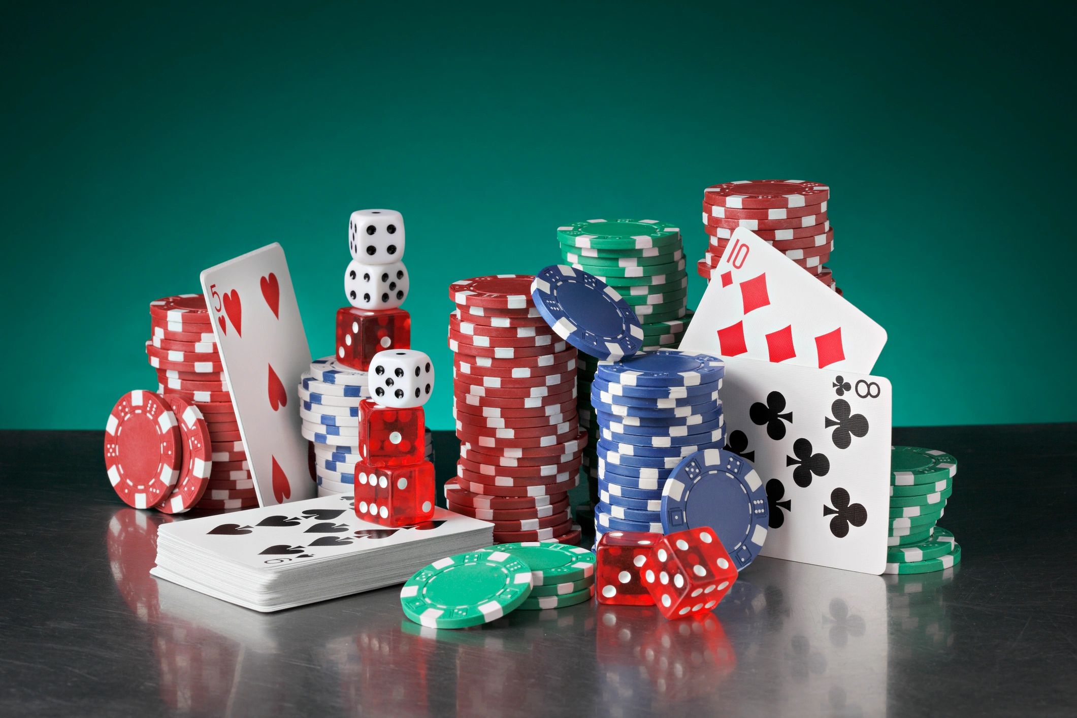 Casino-themed game pieces arranged for play